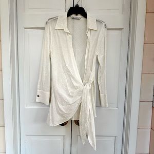 Zara White Draped Linen Wrap Around Shirt